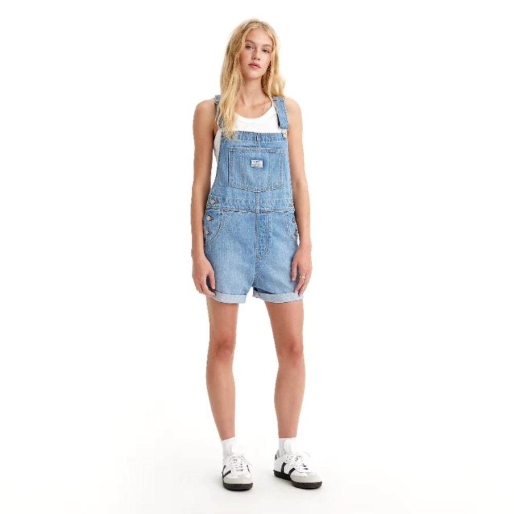 Levis Women Vintage Shorts Denim Overalls Light Indigo Blue Size XL